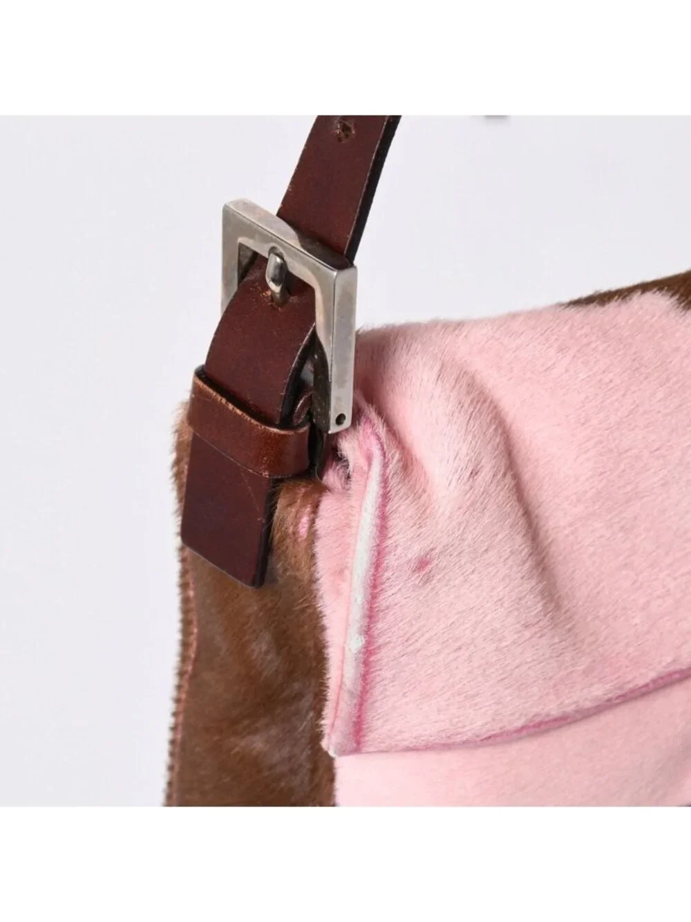 Fendi Mamma Baguette Calf Hair Leather Shoulder Bag Pink Brown Silver
